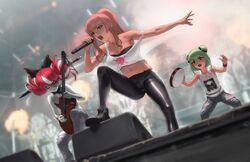  3girls bow bra breasts cleavage closed_eyes colored_skin crop_top denim double_bun dutch_angle electric_guitar flat_chest grey_skin guitar hair_bun hairbow holding holding_instrument holding_microphone hololive hololive_english hololive_indonesia infi instrument jeans kureiji_ollie large_breasts leather leather_pants microphone mori_calliope mori_calliope_(streetwear) multicolored_hair multiple_girls music object_through_head pants patchwork_skin pink_eyes pink_hair playing_instrument ponytail red_eyes shirt singing skull_print stage strap_slip strapless strapless_bra streaked_hair sword sword_in_head tambourine tank_top tight_clothes tight_pants torn_clothes torn_jeans torn_pants torn_shirt trait_connection two-tone_hair undead underwear uruha_rushia virtual_youtuber weapon white_hair white_tank_top zombie 