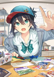  :o aqua_eyes baseball_cap black_hair blue_hat blush breasts calendar_(object) collarbone collared_shirt dress_shirt female grey_jacket hair_between_eyes handcraft hat highres indoors jacket long_sleeves looking_at_viewer medium_breasts open_clothes open_jacket open_mouth original outstretched_hand photoshop_(medium) product_placement shelf shirt short_hair sidelocks solo sweat table tamiya tan_(tangent) unzipped upper_body white_shirt wing_collar 