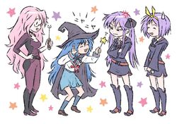  4girls :3 anger_vein belt blue_hair blue_sailor_collar blue_skirt blush breasts cape cleavage closed_eyes closed_mouth commentary cosplay crossed_arms english_commentary full_body glasses hair_ribbon hand_on_own_thigh hat hiiragi_kagami hiiragi_tsukasa holding holding_wand izumi_konata kita_high_school_uniform large_breasts little_witch_academia long_hair looking_at_another lucky_star luna_nova_school_uniform mole mole_under_eye multiple_girls nagato_yuki nagato_yuki_(cosplay) open_mouth pink_hair pleated_skirt purple_hair ribbon ryouou_school_uniform sailor_collar school_uniform serafuku shiny_chariot shiny_chariot_(cosplay) short_hair simple_background skirt smile standing star_(symbol) suzumiya_haruhi_no_yuuutsu sweatdrop takara_miyuki truffleduster tsurime twintails ursula_charistes very_long_hair wand white_background winter_uniform witch_hat 