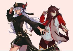  2girls blue_hair bodysuit braid brown_hair cardipeemf commission company_connection cosplay costume_switch crossover genshin_impact grin highres honkai_(series) honkai_impact_3rd hu_tao_(genshin_impact) hu_tao_(genshin_impact)_(cosplay) jacket kiana_kaslana kiana_kaslana_(white_comet) kiana_kaslana_(white_comet)_(cosplay) long_hair long_sleeves mihoyo multiple_girls one_eye_closed open_mouth pink_background pointing pointing_at_viewer red_eyes simple_background smile tao_dian teeth tongue tongue_out twin_braids voice_actor_connection white_bodysuit white_hair white_jacket 