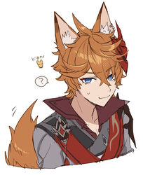  1boy ? ahoge animal_ear_fluff animal_ears bad_id bad_twitter_id blue_eyes commentary cropped_torso fox_boy fox_ears fox_tail genshin_impact hair_between_eyes highres jacket male_focus mask mask_on_head miz_(mi) orange_hair red_scarf scarf simple_background solo spoken_question_mark sweat symbol-only_commentary tail tartaglia_(genshin_impact) upper_body white_background 