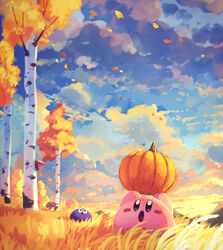  absurdres apolo_(kirby) cameo cloud cloudy_sky day geromazudake gooey_(kirby) grass grasslands hataraku_ufo highres jobski kirby kirby_(series) leaf looking_up mushroom open_mouth outdoors pumpkin sky suyasuyabi tree 