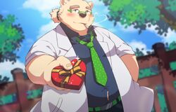  2021 absurd_res anthro bear blush bottomwear box_of_chocolates candy chocolate clothing dessert detailed_background eyewear food glasses heart_box hi_res holidays jerry_5779 kemono leib_(tas) lifewonders male mammal necktie outside overweight overweight_anthro overweight_male pants polar_bear shirt smoking solo tokyo_afterschool_summoners topwear ursine valentine&#039;s_day 