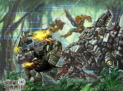  absurdres clenched_hand copyright_name firing gate_ruler glowing glowing_eye gun highres holding holding_gun holding_weapon jungle logo m_ganzy mecha nature official_art red_eyes robot running science_fiction swinging tusks weapon 