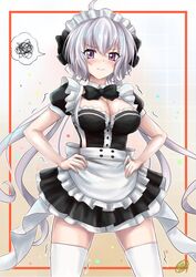  alternate_costume black_bow black_bowtie blush bow bowtie breasts cleavage closed_mouth commentary_request enmaided female frills hands_on_own_hips large_breasts long_hair looking_at_viewer maid maid_headdress purple_eyes r-binon senki_zesshou_symphogear shiny_skin simple_background solo thighhighs trembling wavy_mouth white_hair white_thighhighs yukine_chris zettai_ryouiki 