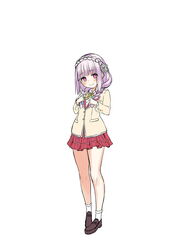  asa_no_ha_(awayuki) braid female flower full_body hair_flower hair_ornament highres looking_at_viewer original plaid plaid_skirt purple_eyes purple_hair red_skirt shoes simple_background skirt smile solo standing twin_braids wakana_kuroki white_background 