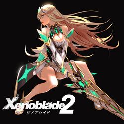  absurdres aegis_sword_(xenoblade) bare_legs bare_shoulders black_background blonde_hair breasts chest_jewel cleavage cleavage_cutout clothing_cutout earrings female full_body gem gloves highres holding holding_sword holding_weapon jewelry laio large_breasts logo long_hair mythra_(xenoblade) simple_background solo swept_bangs sword thigh_strap tiara very_long_hair weapon white_footwear white_gloves xenoblade_chronicles_(series) xenoblade_chronicles_2 yellow_eyes 