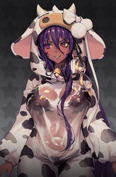  alternate_costume animal_costume animal_hood animal_print bell black_background black_bra black_panties blush bra breasts cacus_(destiny_child) cow_print dark-skinned_female dark_skin destiny_child female hair_between_eyes heterochromia highres hood kkuem large_breasts long_hair long_sleeves mole mole_under_eye mole_under_mouth official_art panties pom_pom_(clothes) purple_eyes purple_hair red_eyes see-through simple_background solo starry_background sweat underwear wet wet_clothes 