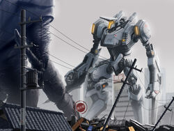  1840 assault_visor clenched_hand jaeger_(pacific_rim) kaijuu looking_ahead mecha military military_vehicle open_hand pacific_rim photoshop_(medium) realistic reverse-jointed_legs robot scenery science_fiction solo_focus tacit_ronin utility_pole wrist_blades 