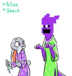  2020 anthro clothed clothing disney duo ears_down english_text five_nights_at_freddy&#039;s fully_clothed fur grey_body grey_fur hi_res judy_hopps lagomorph leporid looking_at_another mammal meme pivoted_ears purple_body purple_eyes purple_man_(fnaf) rabbit scottgames simple_background text theblueberrycarrots vial white_background zootopia 