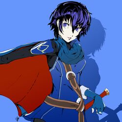  alternate_costume belt blue_background blue_eyes blue_gloves blue_hair blue_shirt breasts cape commentary cosplay dh_(brink_of_memories) english_commentary female fingerless_gloves fire_emblem fire_emblem_awakening gloves hairband highres looking_at_viewer lucina_(fire_emblem) lucina_(fire_emblem)_(cosplay) persona persona_4 shadow shirogane_naoto shirt short_hair signature simple_background smile soejima_shigenori_(style) solo sword weapon 