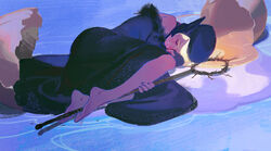  bare_shoulders barefoot black_dress blonde_hair blue_background broken_egg clenched_teeth closed_eyes commentary crying detached_hood dress dungeon_meshi ear_covers egg elf english_commentary female fetal_position full_body glowing glowing_hair highres holding holding_staff hood hood_up long_hair long_sleeves lying marcille_donato marcille_donato_(lord) nail_polish on_side pixiescout plantar_flexion pointy_ears sad sleeves_past_wrists soles solo spoilers staff swept_bangs teeth water 