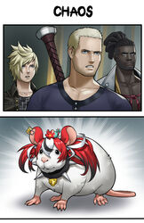  3boys absurdres animalization ash_(ffo) black_hair blonde_hair blue_eyes cheese collar collarbone crossover dark-skinned_male dark_skin emphasis_lines english_commentary english_text exaxuxer facial_hair final_fantasy final_fantasy_xv food guilty_gear guilty_gear_strive hakos_baelz hakos_baelz_(rat) highres hololive hololive_english jack_garland jed_(ffo) mousetrap multiple_boys nagoriyuki parody prompto_argentum short_hair spiked_collar spikes stranger_of_paradise:_final_fantasy_origin upper_body virtual_youtuber 