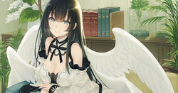  angel angel_wings armpit_crease bare_shoulders black_hair book bookshelf breasts cleavage detached_sleeves dress feathered_wings female grey_eyes juliet_sleeves large_breasts leaf long_hair long_sleeves looking_at_viewer mole mole_under_eye original plant puffy_sleeves smile solo upper_body white_dress wings yashiro_seika 