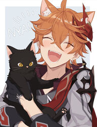  1boy animal animal_ear_fluff animal_ears bad_id bad_twitter_id black_cat black_gloves blush cat_ears closed_eyes earrings feline genshin_impact gloves hair_between_eyes highres holding holding_animal holding_cat jacket jewelry male_focus mask mask_on_head miz_(mi) open_mouth red_scarf scarf simple_background single_earring tartaglia_(genshin_impact) two-tone_background upper_body 