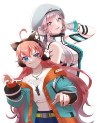  2girls animal_ear_headphones animal_ears bang_dream! belt blue_eyes blue_jacket blue_shorts blush breasts brown_belt cat_ear_headphones cowlick crossover d4dj dew_(dltmf2266) fake_animal_ears grey_eyes grey_hair halterneck headphones izumo_saki jacket looking_at_viewer medium_breasts multiple_girls navel open_mouth red_hair shirt shorts sleeveless sleeveless_jacket smile tamade_chiyu tsumugi_risa voice_actor_connection white_background white_jacket white_shirt 