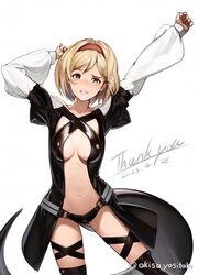  akisa_yositake arms_up ass_visible_through_thighs bare_shoulders belt black_panties blonde_hair blush breasts center_opening cleavage commission cosplay dated dizzy_(guilty_gear) dizzy_(guilty_gear)_(cosplay) djeeta_(granblue_fantasy) english_text female granblue_fantasy guilty_gear hairband highres long_sleeves medium_breasts medium_hair midriff navel panties puffy_long_sleeves puffy_sleeves showgirl_skirt skeb_commission smile solo tail thigh_gap thigh_strap thighs twitter_username underwear 