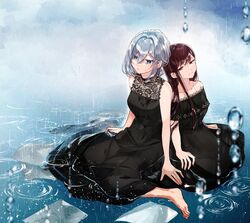  2girls asaka_kaori barefoot black_dress blue_eyes breasts brown_eyes brown_hair collarbone commentary dress grey_hair highres hoshikawa_shizuku kimi_to_tsuzuru_utakata lace-trimmed_dress lace_trim long_hair medium_breasts medium_hair mole mole_under_eye multiple_girls off-shoulder_dress off_shoulder official_art paper partially_submerged rain ripples sidelocks sitting sleeveless sleeveless_dress tied_hair wariza water_drop wet yuama_(drop) 