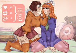  2girls brown_hair cheek_squash daphne_ann_blake english_text glasses hairband hand_on_another&#039;s_face kirass3 like_and_retweet looking_at_another meme multiple_girls orange_hair orange_sweater orange_thighhighs pantyhose pillow purple_pantyhose scooby-doo sitting skirt sweater thighhighs twitter_strip_game_(meme) velma_dace_dinkley wariza yuri 