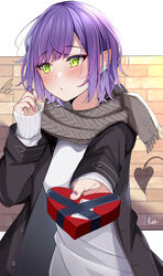  alternate_costume alternate_hair_length alternate_hairstyle bad_id bad_pixiv_id black_jacket blush brick_wall casual chocolate demon_tail ear_blush ear_piercing earrings female flat_chest food giving green_eyes green_nails hand_up highres holding holding_chocolate holding_food hololive incoming_gift jacket jewelry letterboxed multicolored_hair multicolored_nails open_clothes open_jacket parted_lips piercing pink_hair pointy_ears purple_hair red_nails rei_(rei_9146) scarf short_hair signature solo streaked_hair stud_earrings sweater tail tokoyami_towa twirling_hair valentine virtual_youtuber white_background white_sweater 