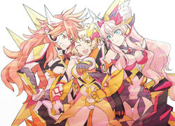  3girls amou_kanade arm_around_shoulder blue_eyes breasts cleavage clenched_hands clothing_cutout hand_on_own_hip highres light_brown_hair long_hair maria_cadenzavna_eve multiple_girls navel_cutout one_eye_closed orange_eyes orange_hair pink_hair rhapsode senki_zesshou_symphogear senki_zesshou_symphogear_xd_unlimited smile tachibana_hibiki_(symphogear) white_background 