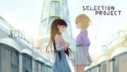  2girls black_hair blonde_hair city couple hamaguri_hiromi hirayama_kanna long_hair multiple_girls official_art selection_project short_hair skirt smile tokyo_tower yuri 