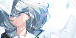  black_shirt blue_eyes blurry blurry_background blurry_foreground chromatic_aberration commentary_request female floating_hair grey_hair highres hoshikawa_shizuku kimi_to_tsuzuru_utakata looking_at_viewer official_art paper parted_lips partial_commentary portrait sailor_collar shirt short_hair solo water_drop yuama_(drop) 