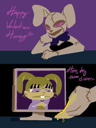  2023 3:4 animal_humanoid anthro bow_tie computer dialogue digital_media_(artwork) duo electronics english_text female fingers five_nights_at_freddy&#039;s five_nights_at_freddy&#039;s:_security_breach food gglloooopp glitchtrap hi_res holidays humanoid humor lagomorph lagomorph_humanoid leporid leporid_humanoid male mammal mammal_humanoid pizza purple_eyes rabbit rabbit_humanoid scottgames steel_wool_studios stitch_(sewing) text valentine&#039;s_day vanny_(fnaf) yellow_body 