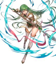  arm_guards armor belt boots breastplate brown_belt closed_mouth dress elbow_gloves erinys_(fire_emblem) female fingerless_gloves fire_emblem fire_emblem:_genealogy_of_the_holy_war fire_emblem_heroes full_body gloves green_eyes green_gloves green_hair highres holding holding_weapon kakage long_hair non-web_source official_art open_mouth polearm short_dress shoulder_armor sleeveless spear thigh_boots thighhighs thighs transparent_background weapon white_dress white_footwear zettai_ryouiki 