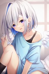  amane_kanata angel angel_wings asymmetrical_bangs black_socks blue_hair blue_shirt blush bob_cut collarbone colored_inner_hair commentary_request female grey_hair hair_over_one_eye highres hololive looking_at_viewer multicolored_hair open_mouth purple_eyes shirt short_hair single_hair_intake socks solo streaked_hair t-shirt tsukasa_tsubasa virtual_youtuber wings 