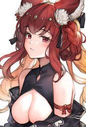  animal_ears anthuria anthuria_(yukata)_(granblue_fantasy) bad_id bad_pixiv_id breasts cleavage cleavage_cutout clothing_cutout erune female granblue_fantasy highres koretsuki_azuma large_breasts looking_at_viewer official_alternate_costume red_eyes simple_background solo upper_body white_background 