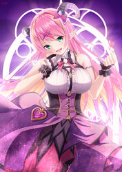  absurdres arm_strap asymmetrical_horns bare_shoulders blonde_hair bow bowtie breasts canna_819 chest_harness commentary_request demon_girl demon_horns female finger_heart fingernails green_eyes grin hair_ornament harness headphones headphones_around_neck heart highres hololive horn_bow horn_ornament horns long_hair looking_at_viewer mano_aloe multicolored_hair nail_polish pink_bow pink_bowtie pink_hair pink_nails pointy_ears shirt skirt sleeveless sleeveless_shirt smile solo teeth two-tone_hair uneven_horns virtual_youtuber white_shirt wing_collar wrist_cuffs 