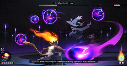  arrow_(symbol) boss_fight character_name commentary dark dress energy_ball english_commentary eye_trail faceless faceless_female fantina_(pokemon) female fire health_bar highres infernape light_trail long_hair minimap mismagius outstretched_arm pointing poke_ball_symbol pokemon pokemon_(creature) pokemon_battle pokemon_dppt purple_dress purple_hair quad_tails shen_yh squatting subtitled 