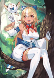  absurdres blonde_hair bow breasts cleavage cleavage_cutout clothing_cutout commentary dark-skinned_female dark_elf dark_skin detached_sleeves elf elfriend_(shiranui_flare) eyes_visible_through_hair female hair_ribbon hairbow high_ponytail highres hololive kiwwwwwi large_breasts long_hair multicolored_hair pointy_ears red_eyes ribbon shiranui_flare shiranui_flare_(1st_costume) sidelocks streaked_hair tan thighhighs virtual_youtuber 