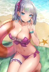  bare_shoulders beach beach_mat bikini black_choker blue_eyes blush bracelet breasts bridal_garter choker cleavage closed_mouth collarbone day female grey_hair groin hair_ornament hair_ribbon hand_up innertube jewelry large_breasts long_hair looking_at_viewer mizuya_nao navel one_side_up original outdoors purple_bikini ribbon side-tie_bikini_bottom sitting smile solo starfish stomach swim_ring swimsuit thighs water x_hair_ornament 