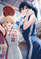  2girls :d amami_yuu aquarius_(drink) armpits arms_up asanagi_umi ball basketball_(object) basketball_hoop basketball_jersey basketball_uniform black_hair blonde_hair blue_eyes blue_shirt blurry blurry_background bottle breasts class_de_2-banme_ni_kawaii_onnanoko_to_tomodachi_ni_natta commentary cover cover_page day gym hair_bun hair_ornament hairclip highres holding holding_bottle hyuuga_azuri indoors kadokawa long_hair looking_at_viewer medium_breasts multiple_girls novel_cover parted_lips red_eyes shirt short_ponytail sleeveless sleeveless_shirt smile sportswear sunlight sweat symbol-only_commentary towel towel_around_neck water_bottle white_shirt white_towel window wiping_sweat 