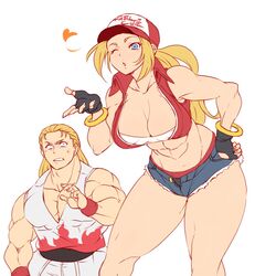  1boy ;o abs andy_bogard baseball_cap black_gloves blonde_hair blowing_kiss blue_eyes blue_shorts breasts brother_and_sister cleavage clothes_writing commentary_request constricted_pupils crop_top cropped_jacket cutoffs denim denim_shorts dougi english_text fatal_fury female fingerless_gloves frown genderswap_(mtf) gloves grimace hanzo_(2929) hat headband heart highres jacket karate_gi large_breasts leaning_forward long_hair looking_at_viewer micro_shorts muscular muscular_female muscular_male obliques one_eye_closed panties pectoral_cleavage pectorals ponytail red_headband red_jacket red_panties rule_63 shorts siblings simple_background snk_heroines:_tag_team_frenzy standing sweatdrop terry_bogard the_king_of_fighters underwear white_background 