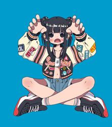  arms_up badge bare_legs black_eyes black_footwear black_hair black_jacket blue_background blue_shorts blush button_badge claw_pose collarbone cropped_shirt d: denim denim_shorts double_bun fangs female full_body hair_bun highres indian_style jacket letterman_jacket long_hair long_sleeves looking_at_viewer nao97122 navel open_clothes open_jacket open_mouth original patch print_jacket ribbed_socks shirt shoes shorts sidelocks simple_background sitting sneakers socks solo straight-on streetwear white_shirt white_socks 