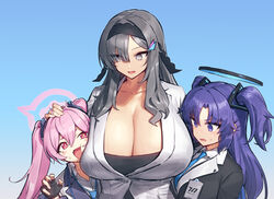  3girls bad_id bad_twitter_id black_gloves black_hairband black_jacket blue_archive blue_background blush_stickers breast_awe breast_press breasts cleavage commentary_request empty_eyes female_sensei_(blue_archive) fingerless_gloves formal gigantic_breasts gloves gradient_background grey_eyes grey_hair hair_ornament hairband halo hand_on_another&#039;s_head height_difference huge_breasts id_card jacket koyuki_(blue_archive) long_hair looking_at_another looking_at_breasts melon22 multiple_girls necktie oerba_yun_fang open_mouth parted_lips pink_hair purple_hair sensei_(blue_archive) shirt suit sweat twintails two_side_up upper_body white_jacket white_suit yuuka_(blue_archive) 