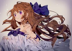  bare_shoulders blue_bow bow breasts brown_hair collarbone commentary female floating_hair gradient_background hairbow highres holding holding_clothes looking_at_viewer looking_down medium_breasts nachoz_(nachozart) original smile solo symbol-only_commentary wrist_cuffs 