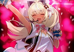  :d absurdres arm_up armpits blonde_hair bow bowtie breasts cleavage cleavage_cutout closed_eyes clothing_cutout commentary dark-skinned_female dark_skin female gloves hair_ornament headset heart heart_background highres hololive hololive_idol_uniform idol_clothes large_breasts long_hair multicolored_hair official_alternate_costume open_mouth panda_hair_ornament pointy_ears ponytail shiranui_flare smile solo streaked_hair sweat symbol-only_commentary upper_body virtual_youtuber white_gloves yomosaka 