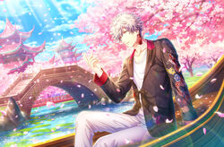  1boy animal_print architecture arm_support black_jacket bridge butterfly_print cherry_blossoms chinese_knot day dragon_print dutch_angle earrings east_asian_architecture embroidery falling_petals feet_out_of_frame fingernails flower flower_knot from_side game_cg grey_eyes grey_hair hand_up heterochromia highres jacket jewelry knee_up kurosaki_ranmaru lens_flare light_particles lily_pad male_focus official_art pants parted_lips petals pink_flower pond red_eyes rowboat shirt short_hair single_earring sitting solo spiked_hair sunlight tassel tassel_earrings third-party_source tree uta_no_prince-sama uta_no_prince-sama:_shining_live water_lily_flower white_pants white_shirt 