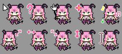  ? arrow_(symbol) asymmetrical_horns blonde_hair chibi closed_eyes commentary_request cursor cursor_(medium) eighth_note female green_eyes grey_background hololive horns mano_aloe morinaga_kokoa multicolored_hair musical_note pink_hair pixel_art quarter_note tail two-tone_hair uneven_horns virtual_youtuber 