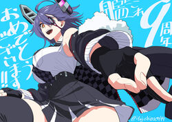  anniversary black_gloves black_skirt black_thighhighs blue_background breast_pocket breasts checkered_necktie eyepatch female fur-trimmed_jacket fur_trim gloves hair_between_eyes headgear high-waist_skirt ifuji_shinsen jacket kantai_collection large_breasts looking_at_viewer necktie open_clothes open_jacket open_mouth orange_eyes partially_fingerless_gloves pocket purple_hair shirt short_hair simple_background skirt sleeveless sleeveless_shirt solo tenryuu_(kancolle) tenryuu_kai_ni_(kancolle) thighhighs twitter_username white_shirt 