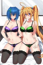  2girls ahoge ass_visible_through_thighs bare_shoulders black_legwear black_ribbon blue_hair bra breasts cleavage closed_mouth collarbone commentary english_commentary green_bra green_panties hair_between_eyes hand_on_another&#039;s_hip hand_on_own_hip high_school_dxd indoors kneeling large_breasts light_smile lindaroze long_hair looking_at_viewer mirror multicolored_hair multiple_girls navel on_bed orange_hair panties patreon_username pink_eyes purple_bra purple_panties ribbon ring_hair_ornament seductive_smile shidou_irina smile streaked_hair thighhighs thighs twitter_username underwear underwear_only very_long_hair watermark web_address xenovia_quarta 