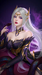  bare_shoulders black_dress blue_eyes breasts cleavage dark_persona douluo_dalu dress female hair_ornament hei_yu_xing_cheng highres long_hair looking_at_viewer qian_renxue_(douluo_dalu) snake solo upper_body white_hair 