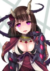  +_+ black_bra black_gloves blurry blush bow bra breasts broken_horn brown_hair capelet cleavage clip_studio_paint_(medium) collar collarbone commentary_request demon_girl demon_horns dress eriko_(princess_connect!) female flower fur-trimmed_capelet fur_trim gauntlets glint gloves glowing glowing_eyes hair_flower hair_ornament hair_ribbon head_tilt highres horns large_breasts leaning_forward looking_at_viewer metal_collar princess_connect! purple_bow purple_capelet purple_dress purple_eyes purple_ribbon red_flower red_rose ribbon rose short_hair solo spiked_tail tail underwear window_shadow zakuro0508 