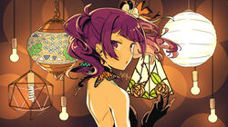  back backless_dress backless_outfit bare_back bare_shoulders black_dress black_gloves choker dress earrings elbow_gloves female flower from_behind from_side gloves hair_ornament halterneck highres idolmaster idolmaster_shiny_colors indoors jewelry kakuzato lamp lantern long_hair looking_at_viewer looking_back looking_to_the_side parted_lips purple_eyes purple_hair rose signature solo strapless strapless_dress tanaka_mamimi twintails upper_body 