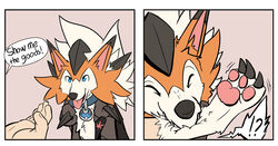  3_fingers 5_fingers ?! ambiguous_gender bite blue_eyes canid canine cheek_tuft chest_tuft claws closed_eyes collar dialogue disembodied_hand duo dusk_lycanroc english_text facial_tuft feral finger_claws fingers flat_colors fur generation_7_pokemon great_ball hand_bite hi_res human human_to_feral inner_ear_fluff looking_at_another lycanroc mammal meme mid_transformation nintendo open_mouth orange_body orange_fur pawpads pink_pawpads pokeball pokeball_collar pokemon pokemon_(species) sequence simple_background smile species_transformation speech_bubble text tongue tongue_out torn_coat toshabi transformation transformation_sequence tuft two_panel_image white_body white_fur 