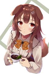  amamiya_ui animal_ears blush bone_hair_ornament bow bowtie breasts brown_eyes brown_hair checkered_floor chili_pepper closed_mouth coffee_mug cup dog_ears dog_girl dog_tail eyelashes female frilled_shirt_collar frills from_above hair_between_eyes hair_down hair_ornament hairclip highres holding holding_cup hololive inugami_korone inugami_korone_(street) jalapeno_pepper large_breasts long_hair looking_at_viewer mug orange_bow orange_bowtie plaid plaid_bow plaid_bowtie shirt solo tail upper_body virtual_youtuber white_shirt yellow_bow yellow_bowtie 